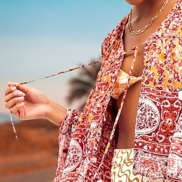 FREE PEOPLE Lorraine RETRO Print Tie-Front Wide Sleeve Flowy Tiered Kimono-Md - Picture 9 of 13